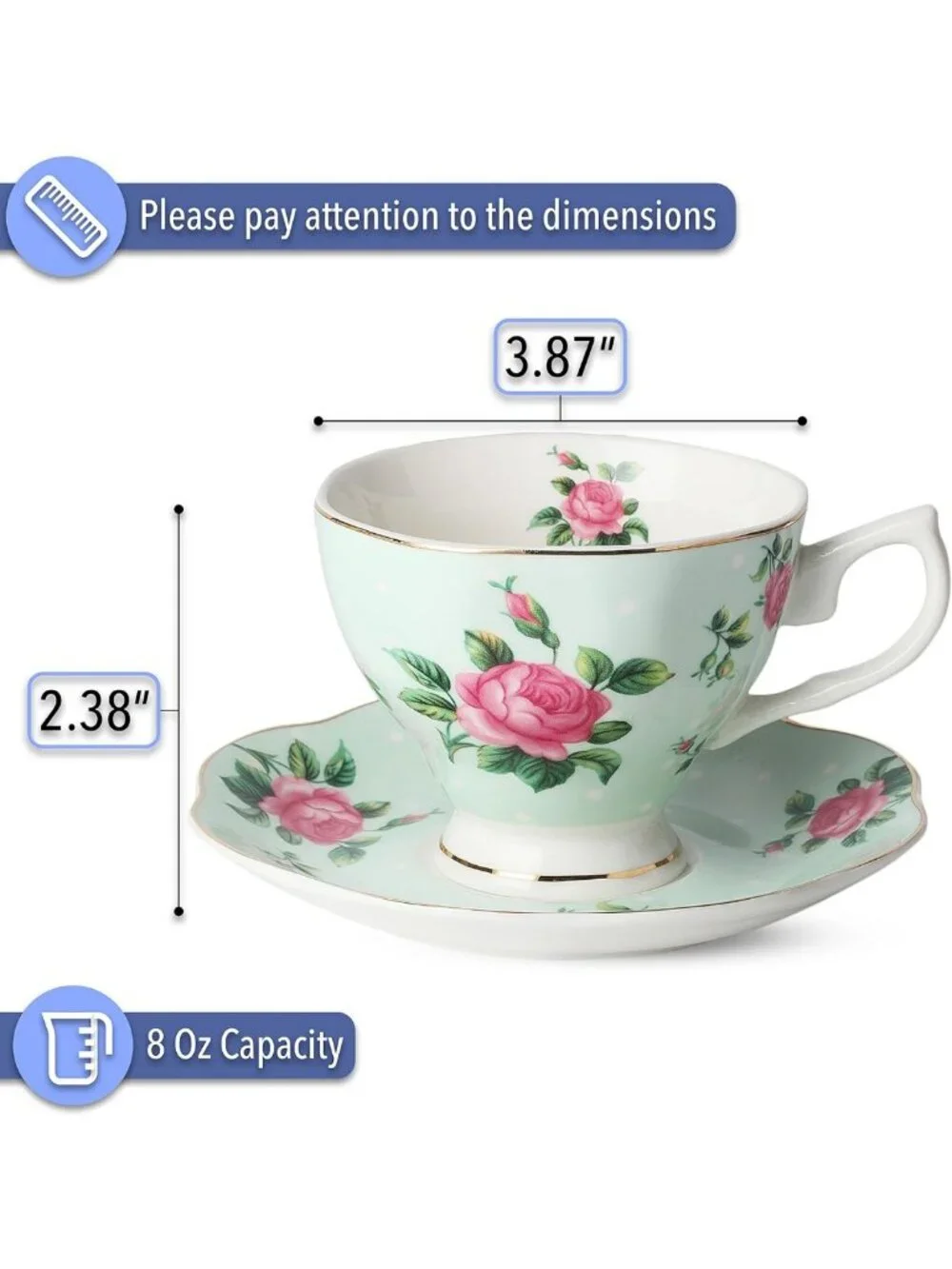 Floral Teacup Set of 8 | Fine Porcelain, Gold Trim, Dishwasher Safe, Perfect for